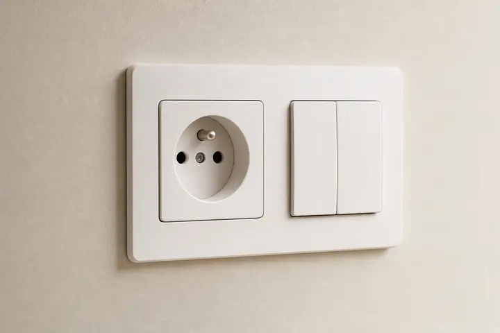 Prise électrique et double interrupteur blancs au mur