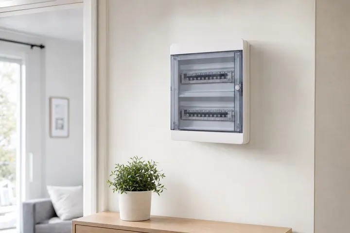 Coffret électrique fermé au mur d'une entrée de maison